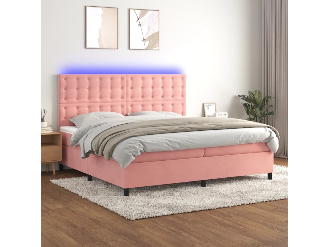 Cama Box Spring C/ Colchão/led 200x200 Cm Veludo Rosa