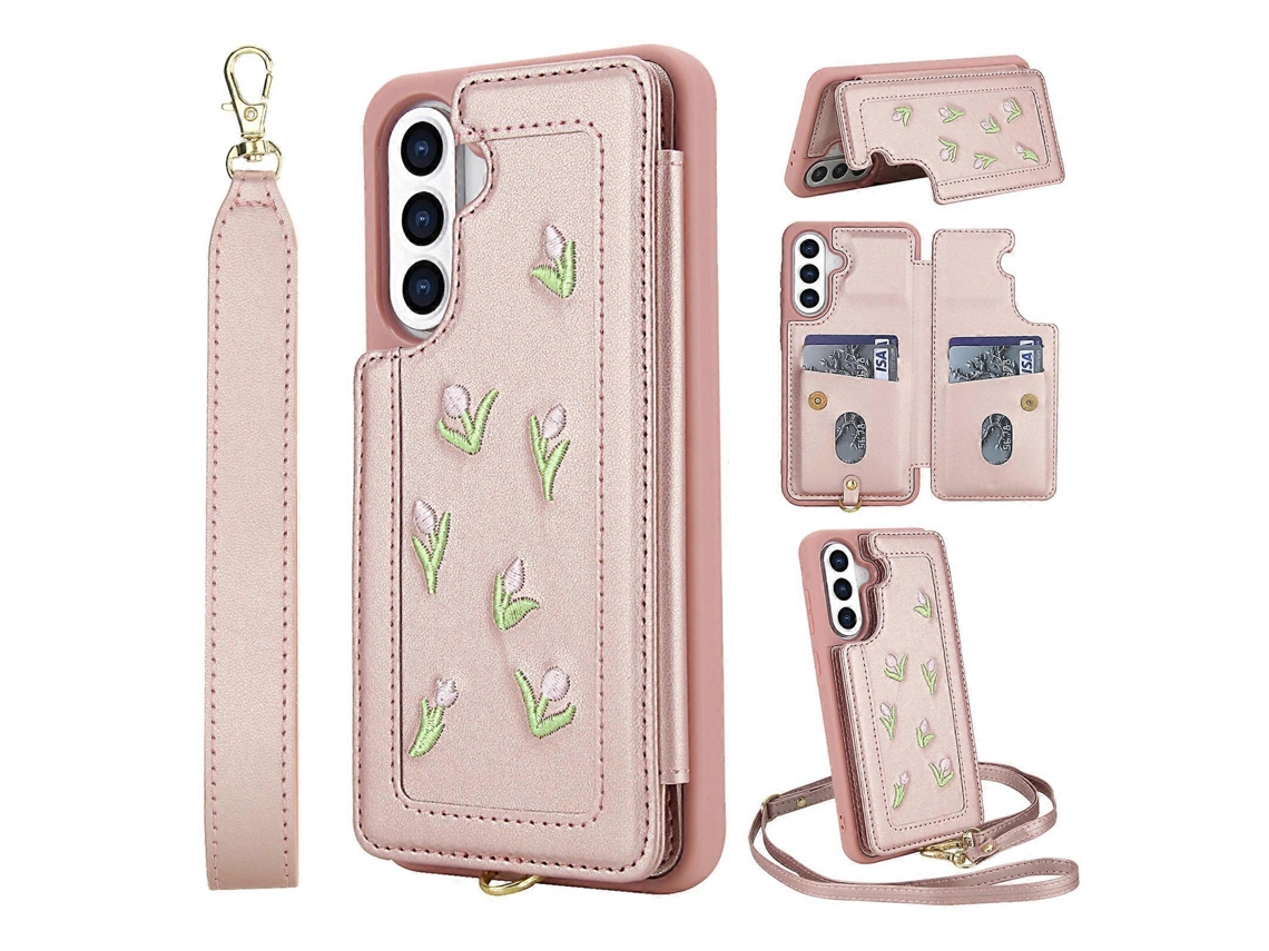 Capa Para Samsung Galaxy S24 Fe Com Estampa De Tulipas Bordadas, Couro Sintético, Porta-cartões, Capa Traseira Com Alça De Ombro E Pulseira Rosa
