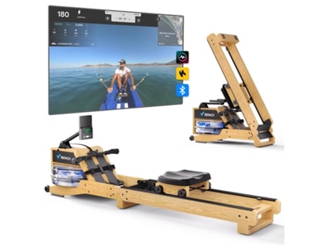 Máquina de remo de madeira à prova d'água Merach, 6 níveis de resistência, display LCD, conexão com aplicativo, tanque de água de 15 L, cor madeira natural