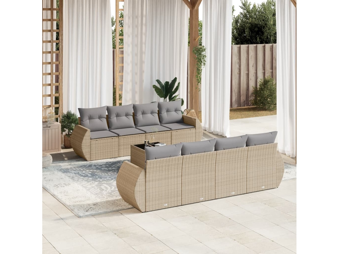 Vidaxl 9 Pcs Conjunto De Sofás P/ Jardim Com Almofadões Vime Pe Bege