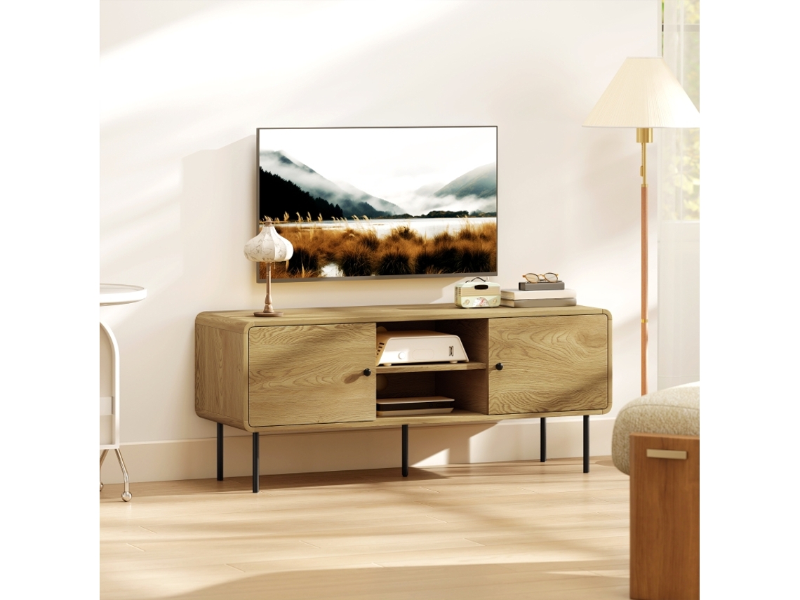 Móvel De Tv Para Até 55 Polegadas, Com 2 Portas, 2 Compartimentos Abertos, Pés Em Aço, 120x40x50cm, Carvalho