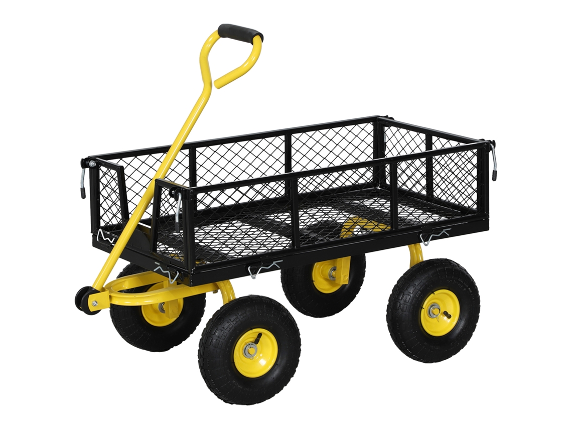 Carrinho De Jardim Carga 200 Kg Com Paineis Laterais Desmontáveis Guiador Giratório 180° E 4 Rodas De Borracha Preto E Amarelo