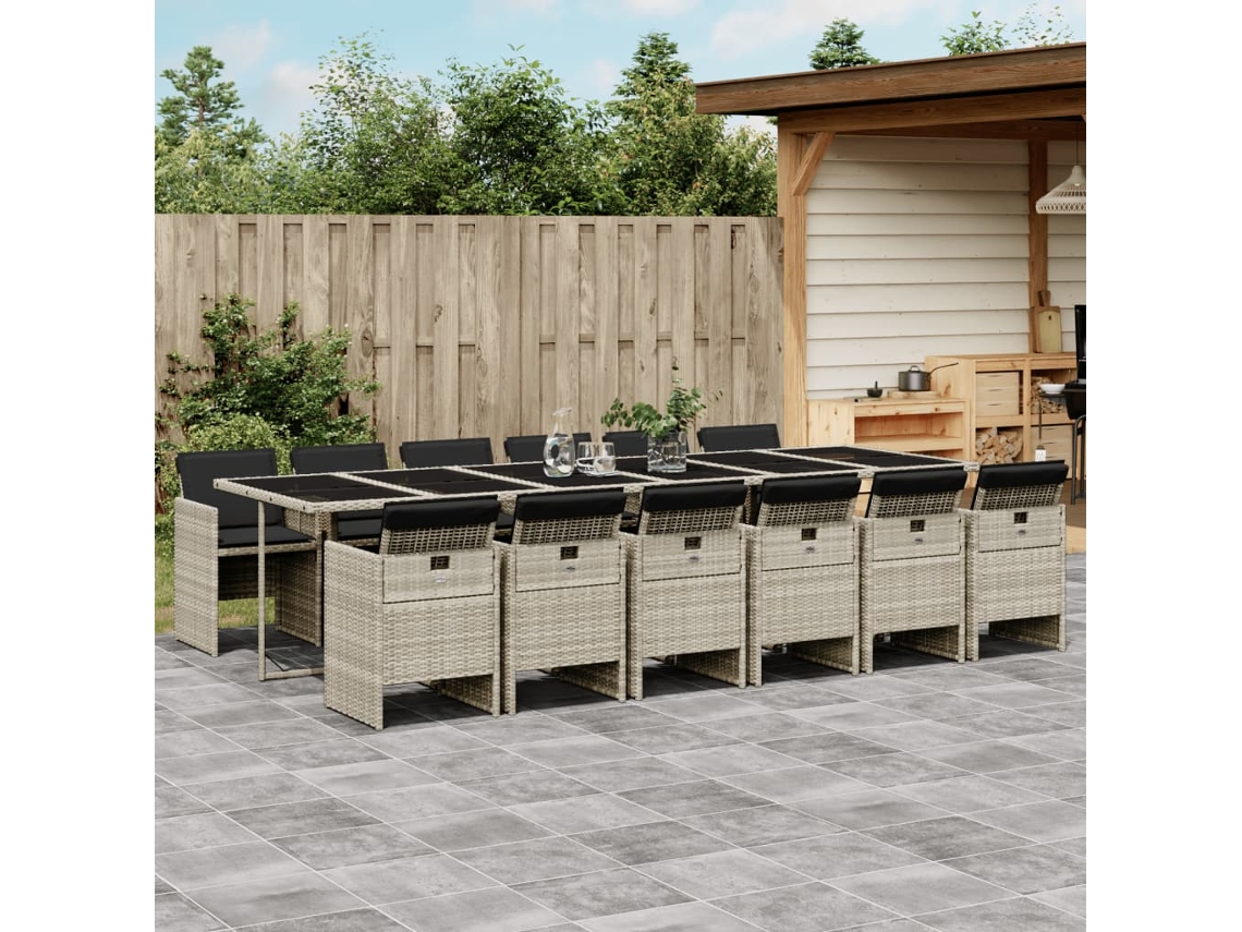 Vidaxl 13 Pcs Conj. Jantar Jardim C/ Almofadões Vime Pe Cinzento-claro