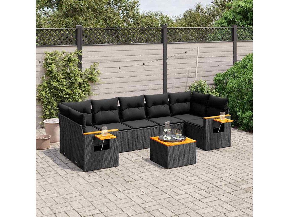 Vidaxl 8 Pcs Conjunto Sofás De Jardim Com Almofadões Vime Pe Preto