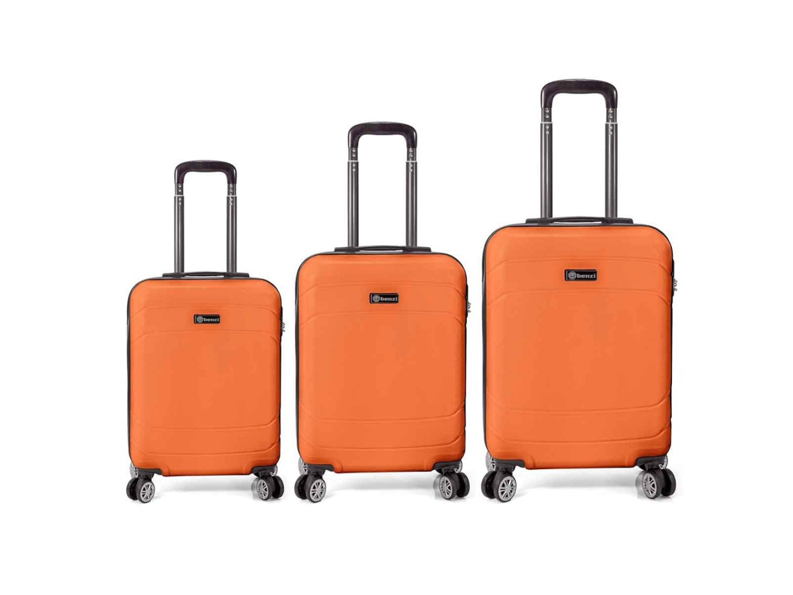Conjunto Benzi Mala Bz5784na com 3 peças rígidas extensíveis, em ABS, cabines de 50 cm (média), 60 cm (grande) e 70 cm, com 4 rodas duplas, cor laranja.