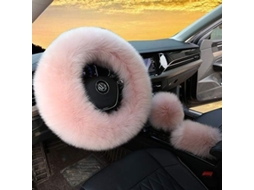 3 Peças Conjunto Capa Do Volante Couro Lã Mulher Inverno Rosa Fluffy Carro Suv