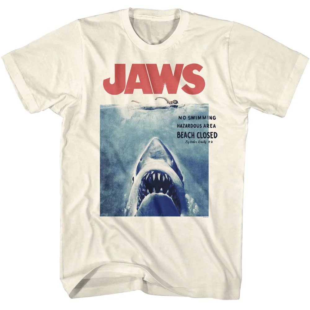 Unisex Adult T-shirt Rockinstone Jaws Movie No Swimming Solid Natural Sizexl