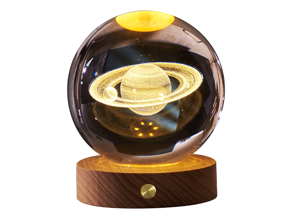 Luz Noturna de Bola de Cristal 3d com Base de Madeira, Recarregável, para Quarto, Lar, Saturno