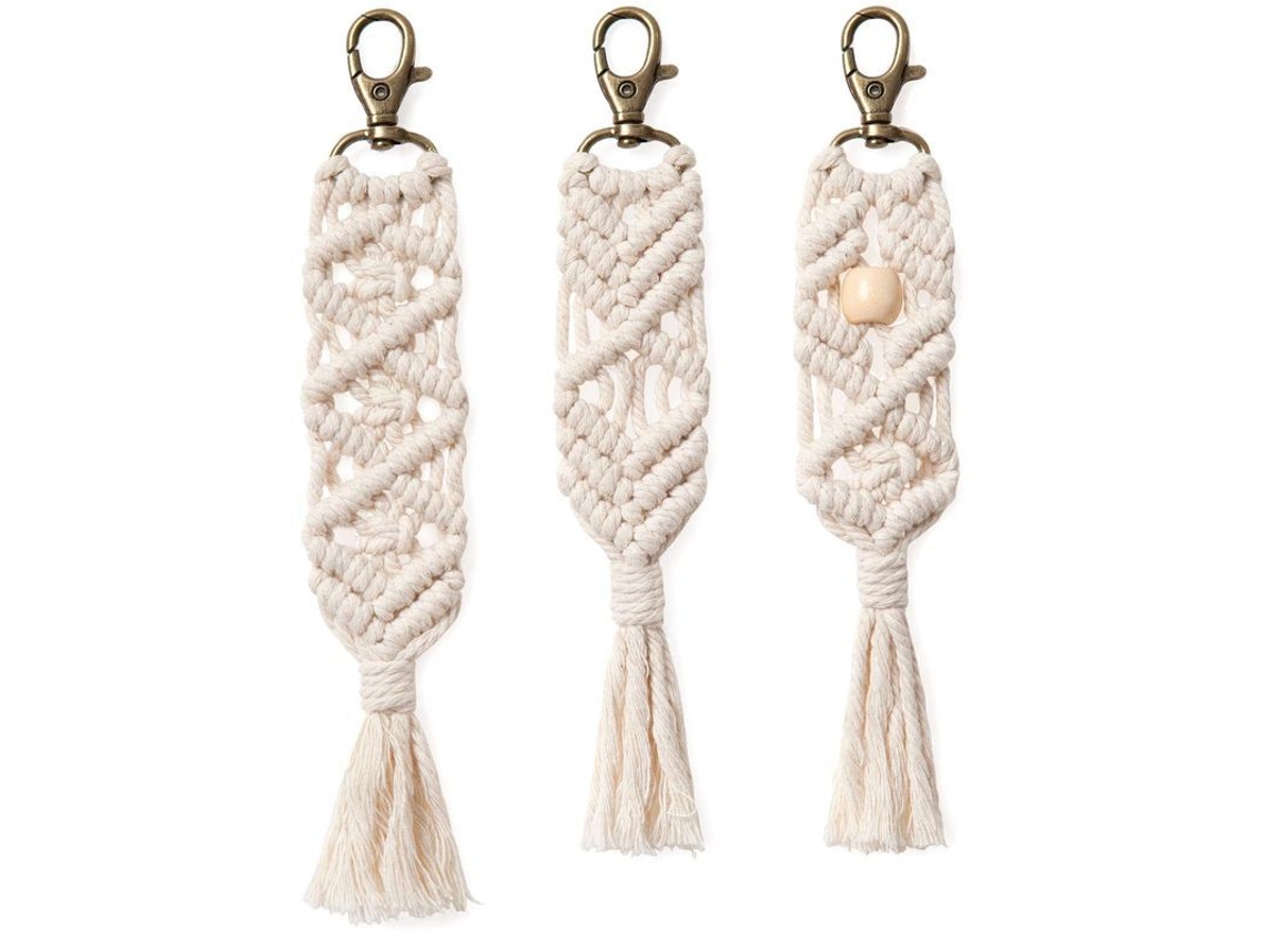 2026rebe llaveros Mini Macramé Linjou, 3 Pack, Charm para Bolsos Con Borlas, Estilo Boho, Materiales Naturales