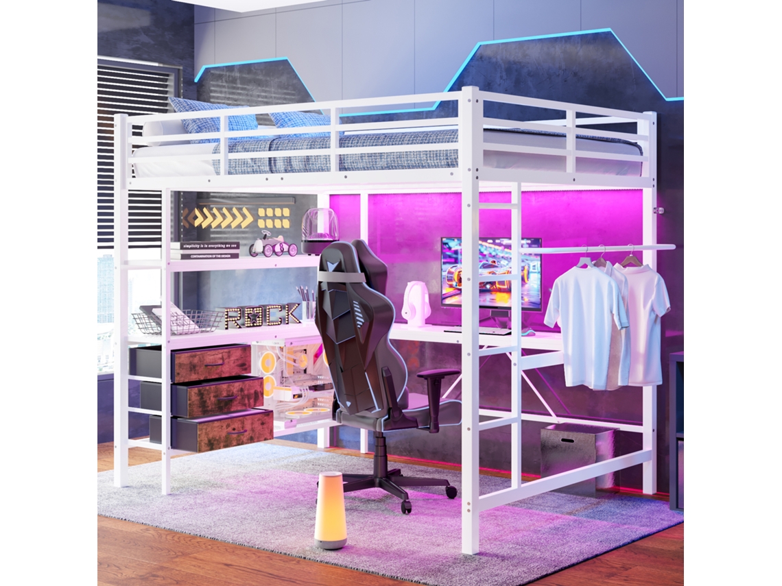 Cama Alta 140x200cm Com Led, Mesa, Tomada Usb, 3 Gavetas, Branco