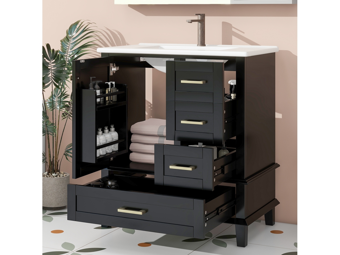 Armário De Banheiro Com 3 Gavetas Silenciosas E Pia Cerâmica, 76x46x83,5 Cm, Preto
