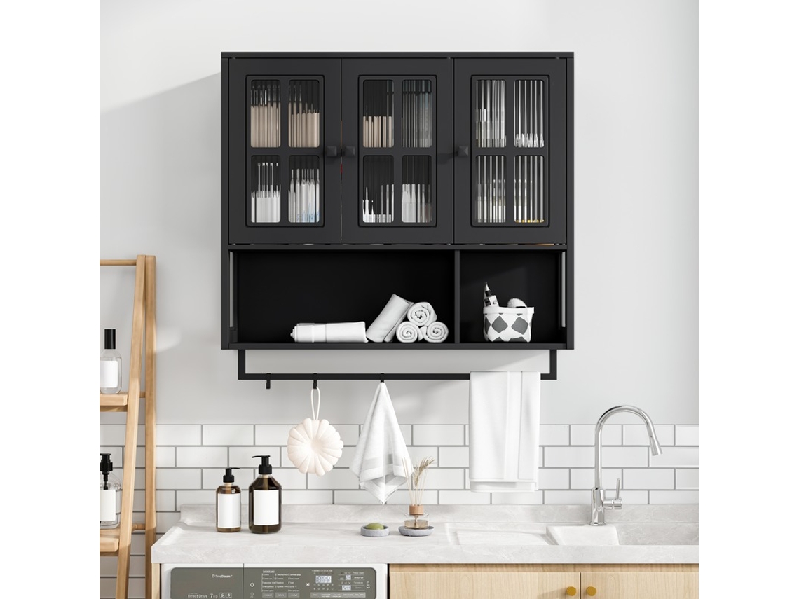 Armário de parede preto VELTRIX com 3 portas e suporte para toalhas