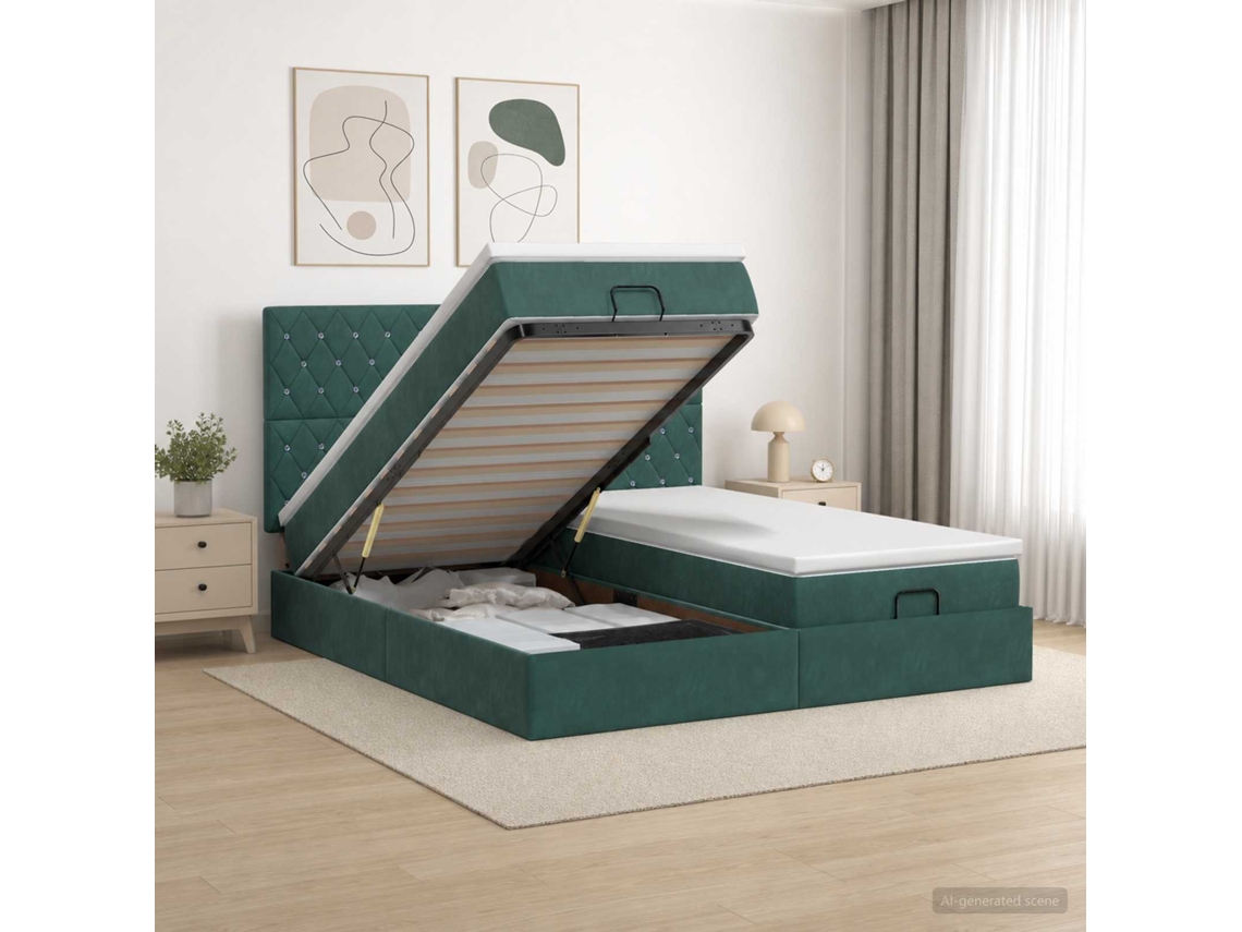 Vidaxl Cama Ottoman Com Colchão E Led Verde-escuro 200 X 200 Cm Veludo