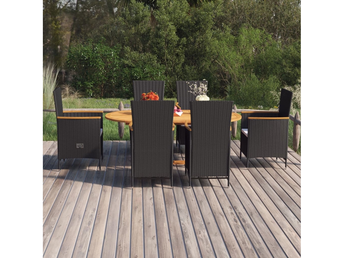 Conjunto De 7 Peças De Jantar Para Jardim Vime Pe Preto Dkd Home Decor
