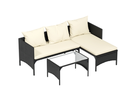 Conjunto De 3 Lounge Para Jardim Em Vime Preto Com Almofada Racingreat (1 Sofá De Dois Lugares 1 Espreguiçadeira 1 Mesa De Centro)