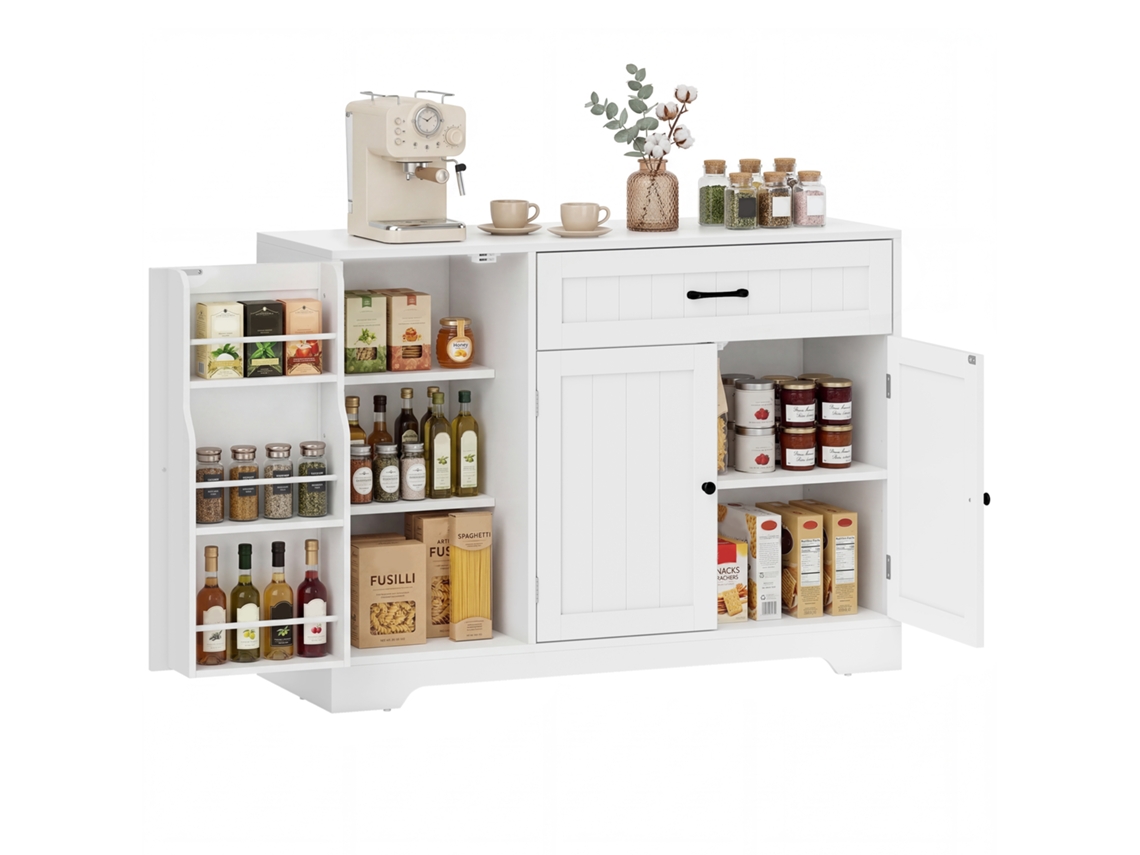 Aparador de cozinha moderno ZENCORE SERVICES com gaveta, prateleiras ajustáveis, despensa compacta, branco