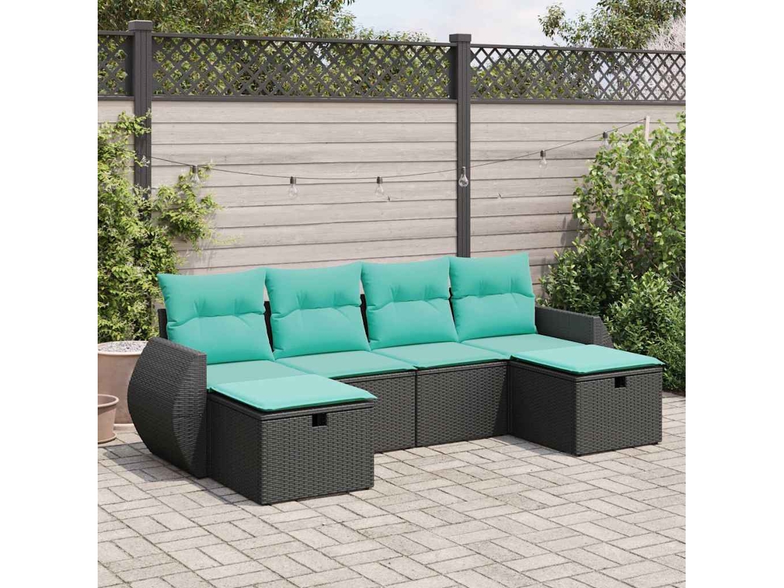 Vidaxl 6 Pcs Conjunto Sofás de Jardim C/ Almofadões Vime Pe Preto