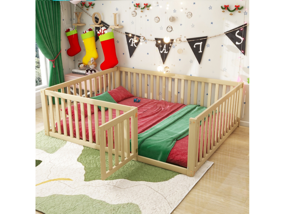 Cama Infantil 140x200 Madeira Com Grade E Porta Cor Natural