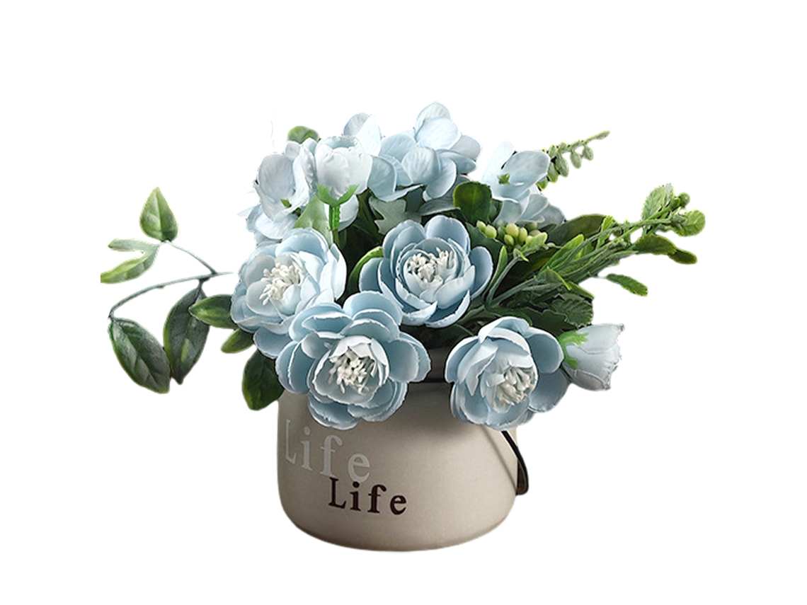 Conjunto de Flores Artificiais com Pequeno Vaso de Cerâmica Buquê de Rosas e Hortênsias NEVEANCE