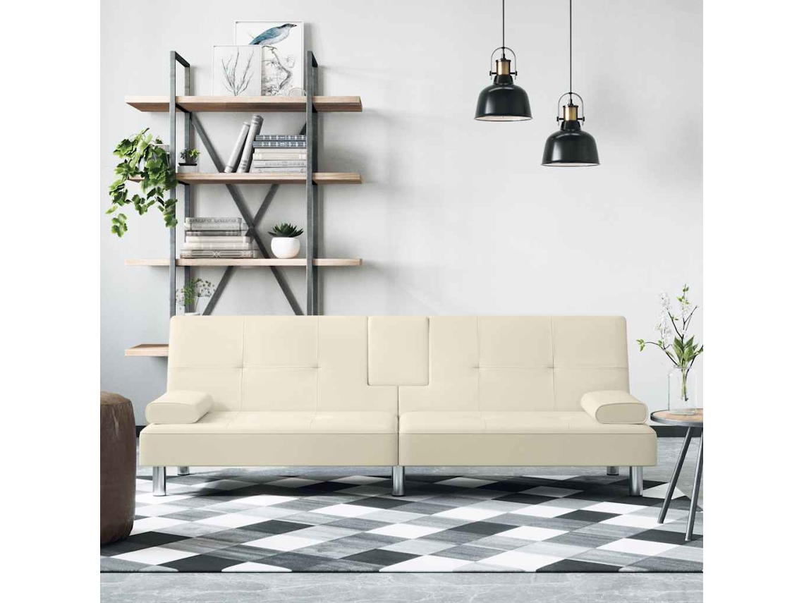 Vidaxl Sofá-cama Com Suporte Para Copos Couro Artificial Cor Creme