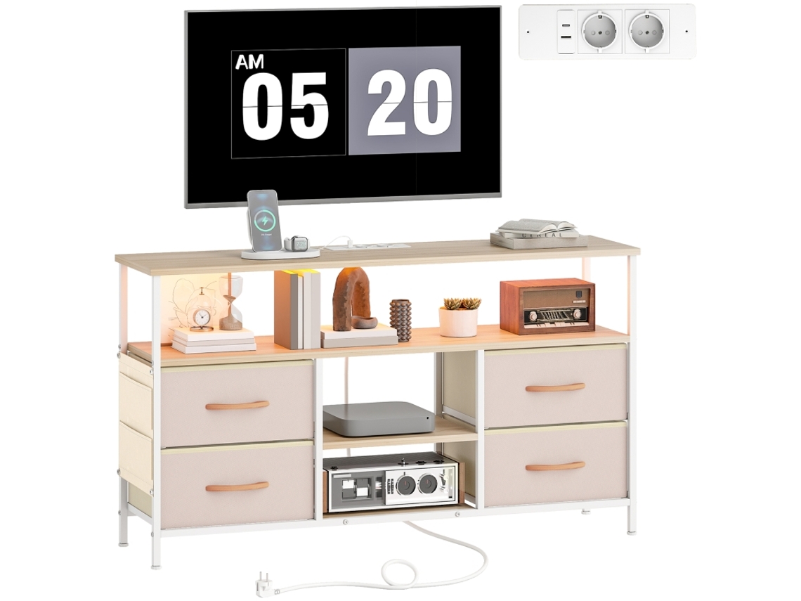Rack De Tv Led Com Tomadas Usb E 4 Gavetas Tecido Para Tvs Até 50 Polegadas 120x30x67,5 Cm Bege E Madeira