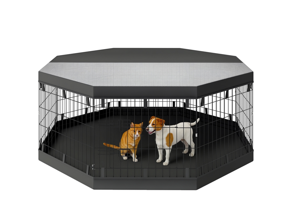 Cercadinho Interno para Cães Recinto Interno de 8 Painéis Modulares Dobráveis com Porta de Cachorro de Aço 61w X 61h Cm Preto Ge