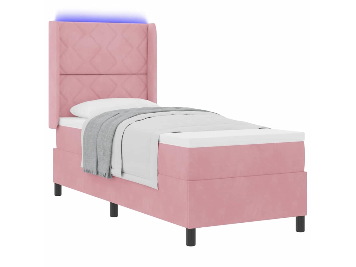Cama De Solteiro | Camas Para Quarto | Cama Box Com Colchão Com Led Rosa 80 X 200 Cm Veludo