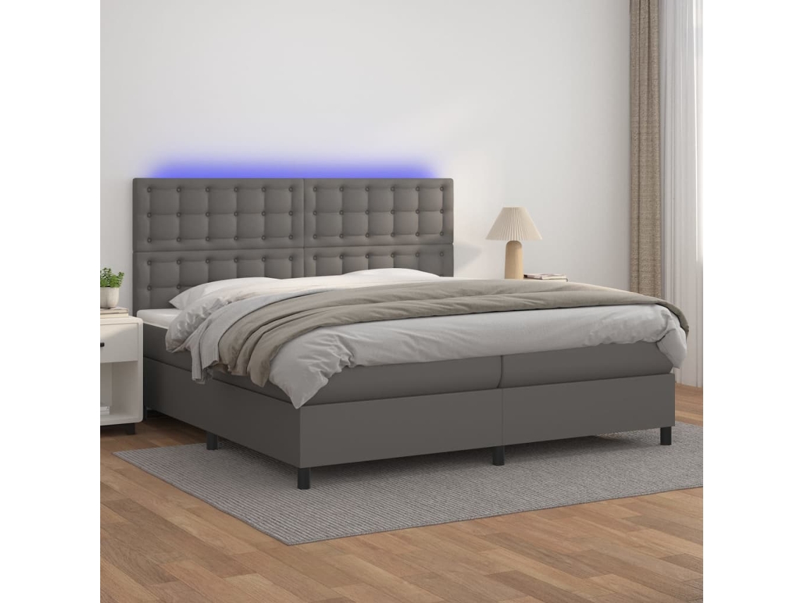 Vidaxl Cama Box Spring C/ Colchão/led 200x200cm Couro Artificial Cinza