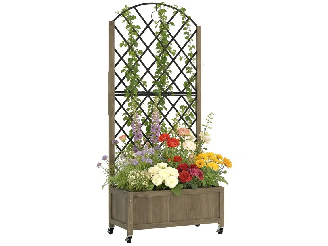 Vaso com treliça de aço, caixa de flores com rodas de madeira, acabamento carbonizado, 72x36x168cm