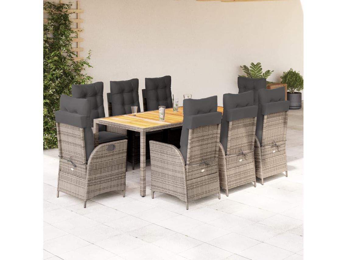 Vidaxl 9 Pcs Conjunto De Jantar P/ Jardim C/ Almofadões Vime Pe Cinza