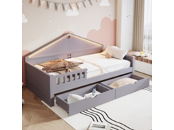 Cama Infantil 90x200 Com Led, Gavetas, Ripas E Acabamento Cinza