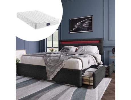 Cama Com Colchão De Casal E Gavetas Estofada Iluminação Led Arhatreya Linho Preto (140x200cm)