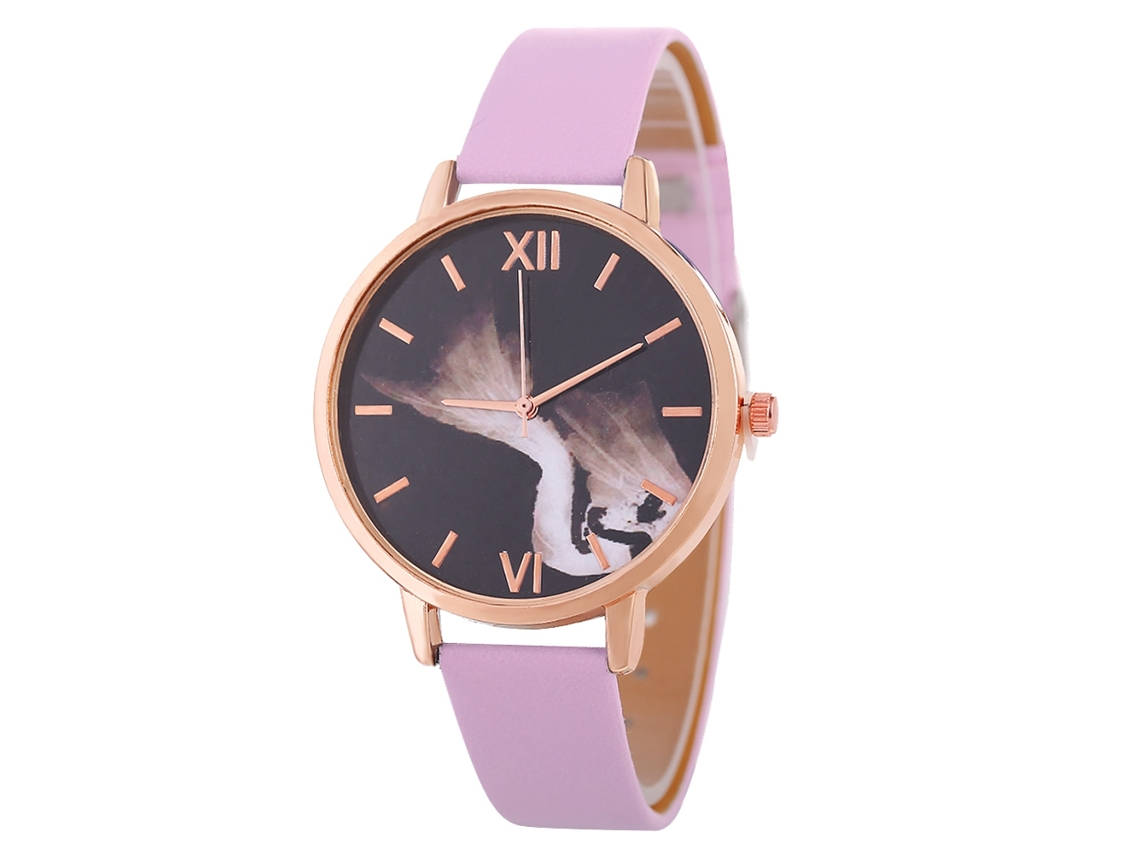 Relógio de Pulso Feminino de Quartzo com Pulseira de Couro Pu Mostrador Redondo Simples Rosa