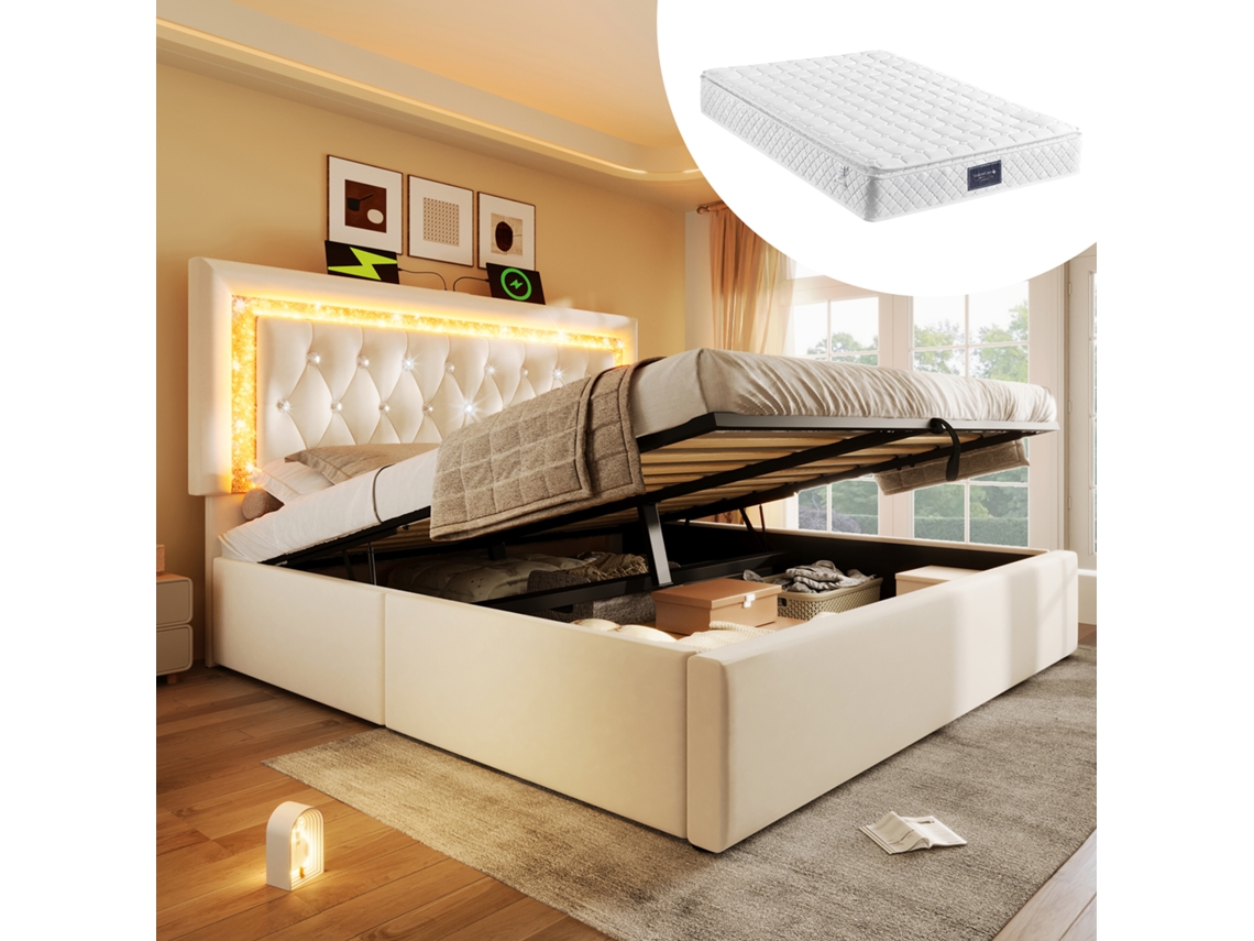 Cama Casal 140x200cm Com Led, Usb, Type-c, Armário Hidráulico E Colchão Bege