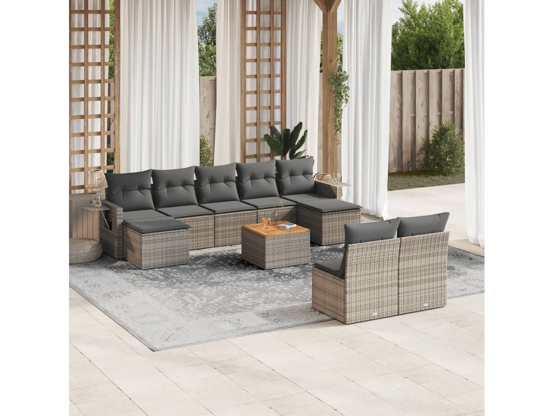 Vidaxl 10 Pcs Conjunto Sofás De Jardim C/ Almofadões Vime Pe Cinzento