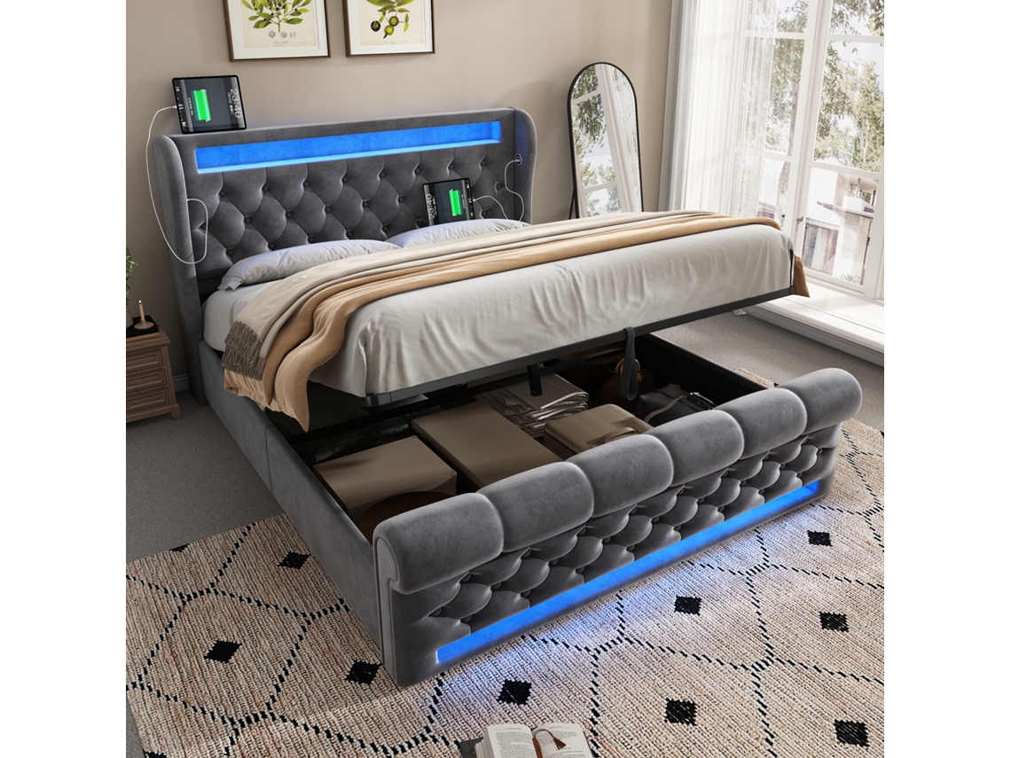 Cama Box Casal 140x190cm Com Luzes Led, Cabeceira Com Usb E Type-c, Baú Hidráulico, Cinza, Veludo.