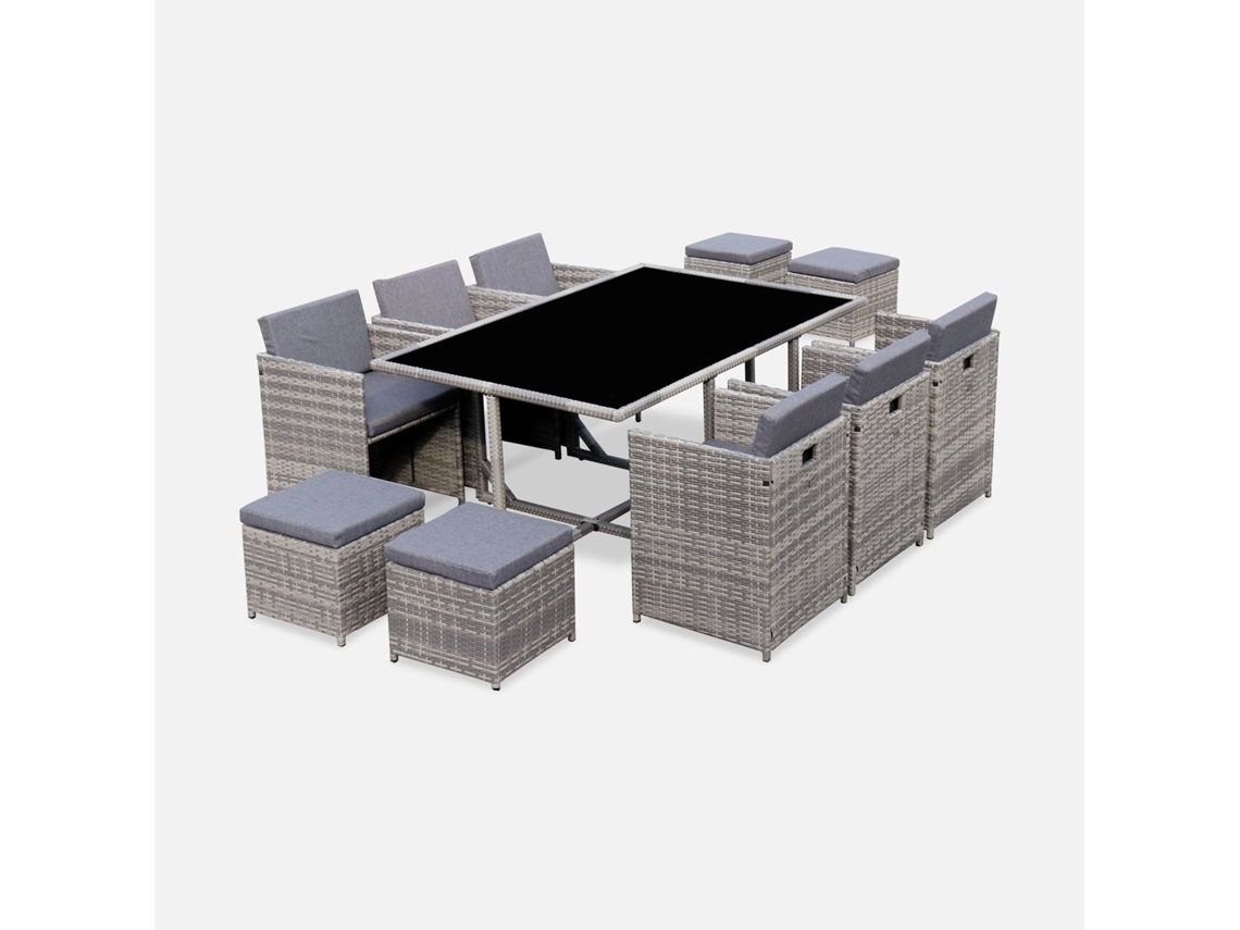 Conjunto De Jardim Com Mesa Em Tecido De Resina Com 10 Cadeirões, Tons De Cinza E Cinza Manchado