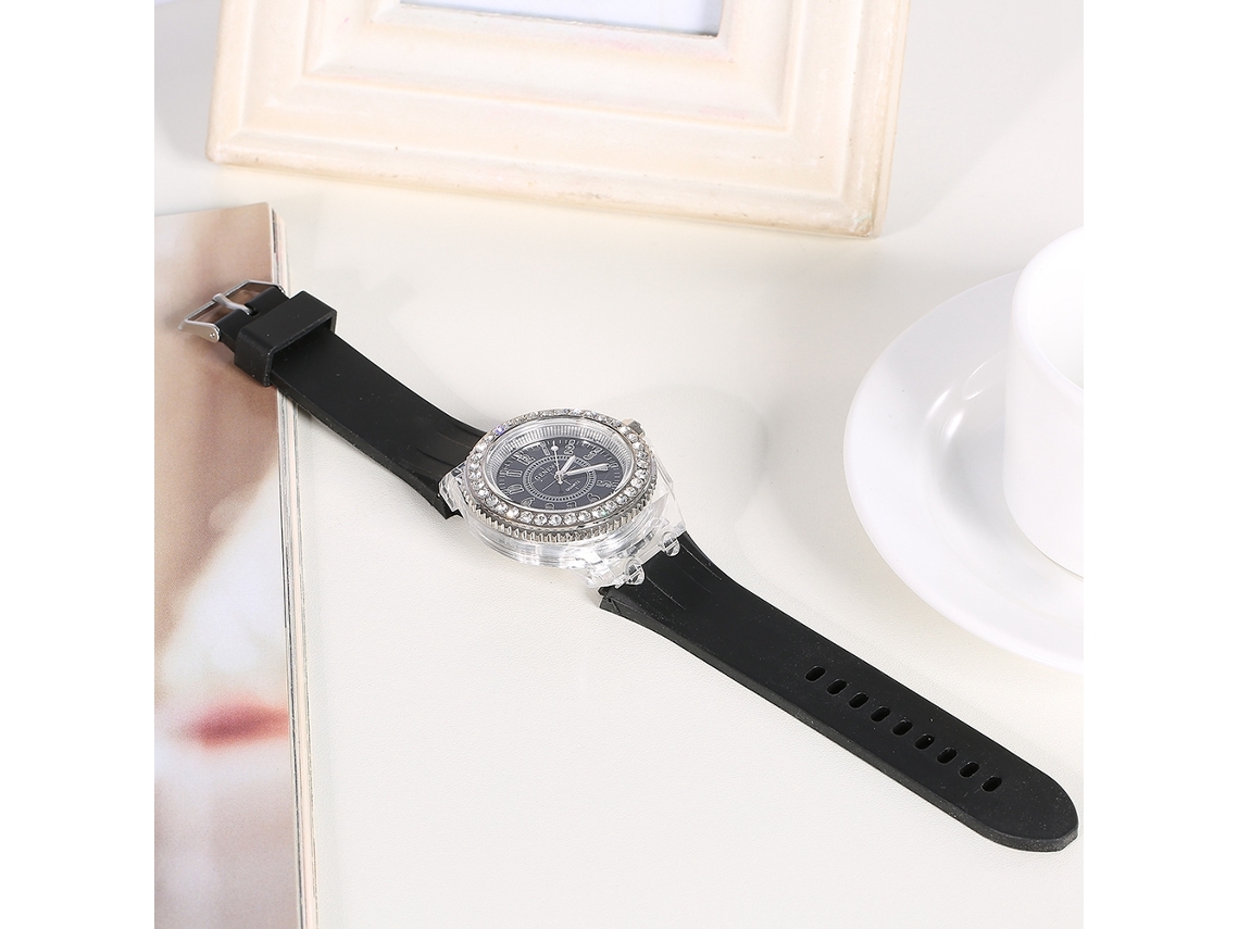 Relógio de pulso de quartzo em silicone com strass e cristal analógico redondo para mulheres e homens, preto.