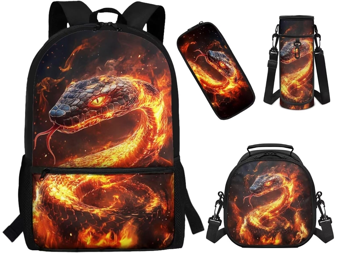 Conjunto De Mochila E Lancheira Infantil Showudesigns, Escolar, Estojo, Estampa Cobra Flamejante,