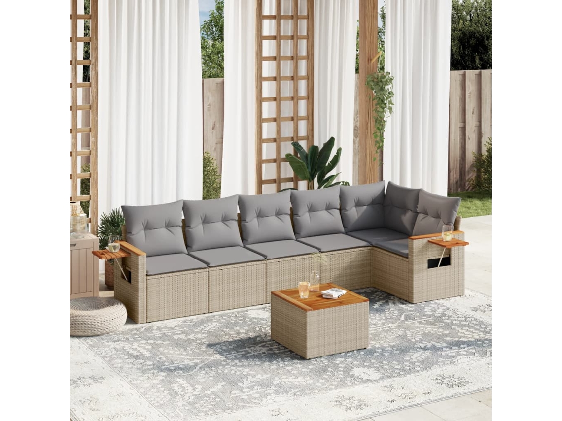 Vidaxl 7 Pcs Conjunto De Sofás P/ Jardim Com Almofadões Vime Pe Bege