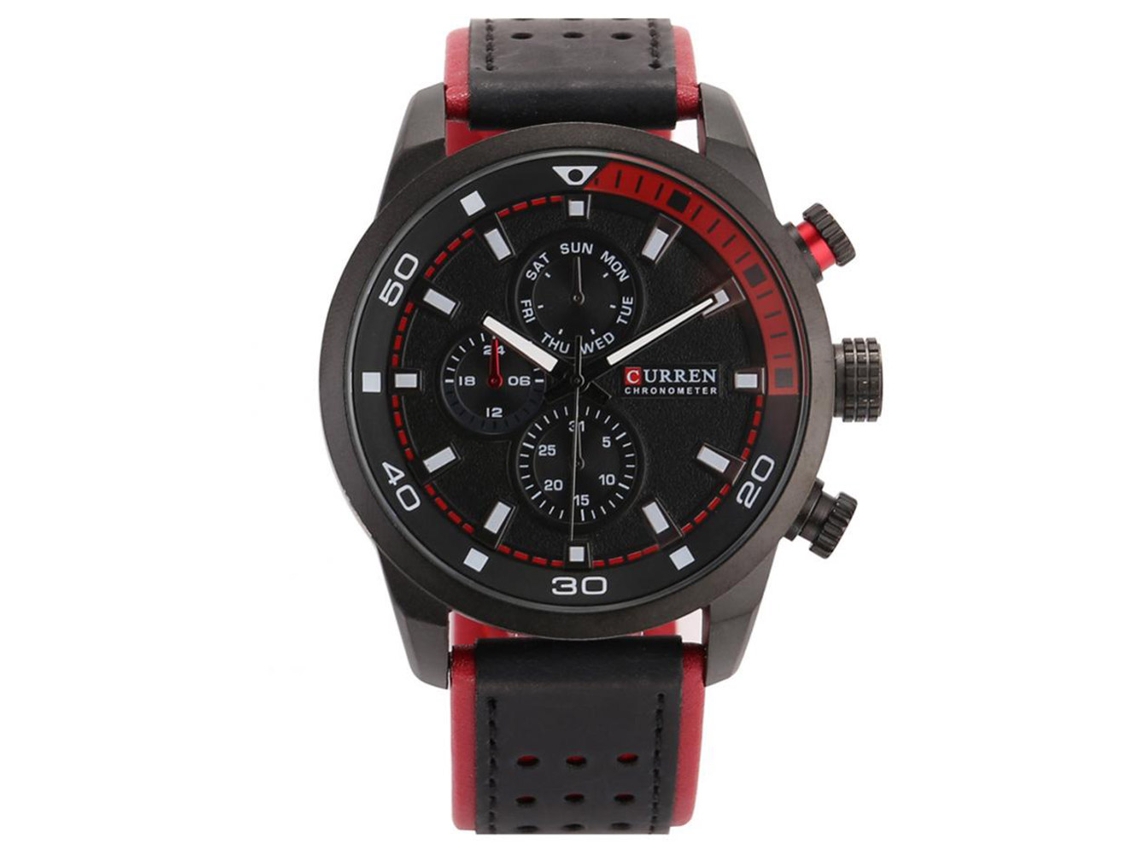 Relógio masculino elegante e resistente de quartzo para uso casual em negócios, com pulseira vermelha.
