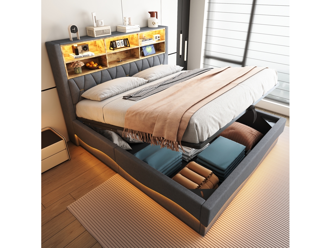 Cama Casal Cinza 180x200cm Estofada, Led, Hidráulica, Usb-c, Ripas.-op