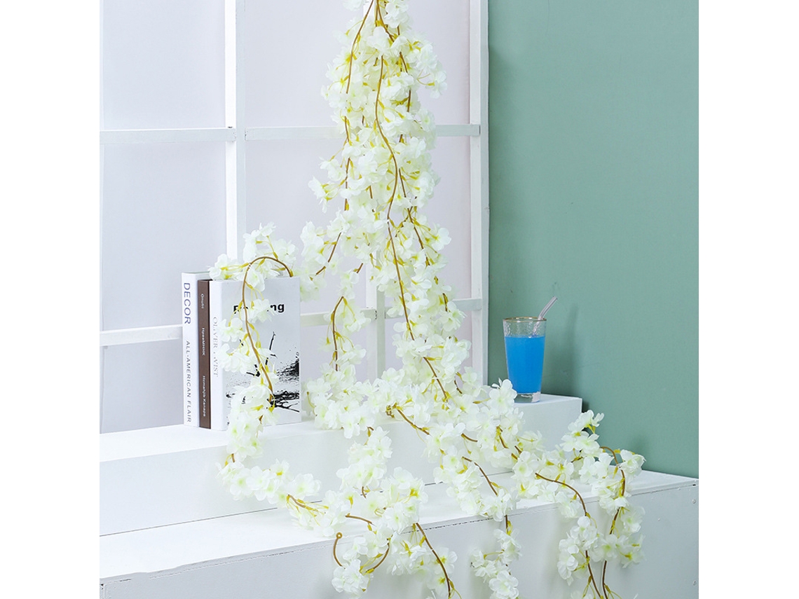Guirlanda artificial de flores de cerejeira Sakura para decoração de casa, quarto e escritório, branca.