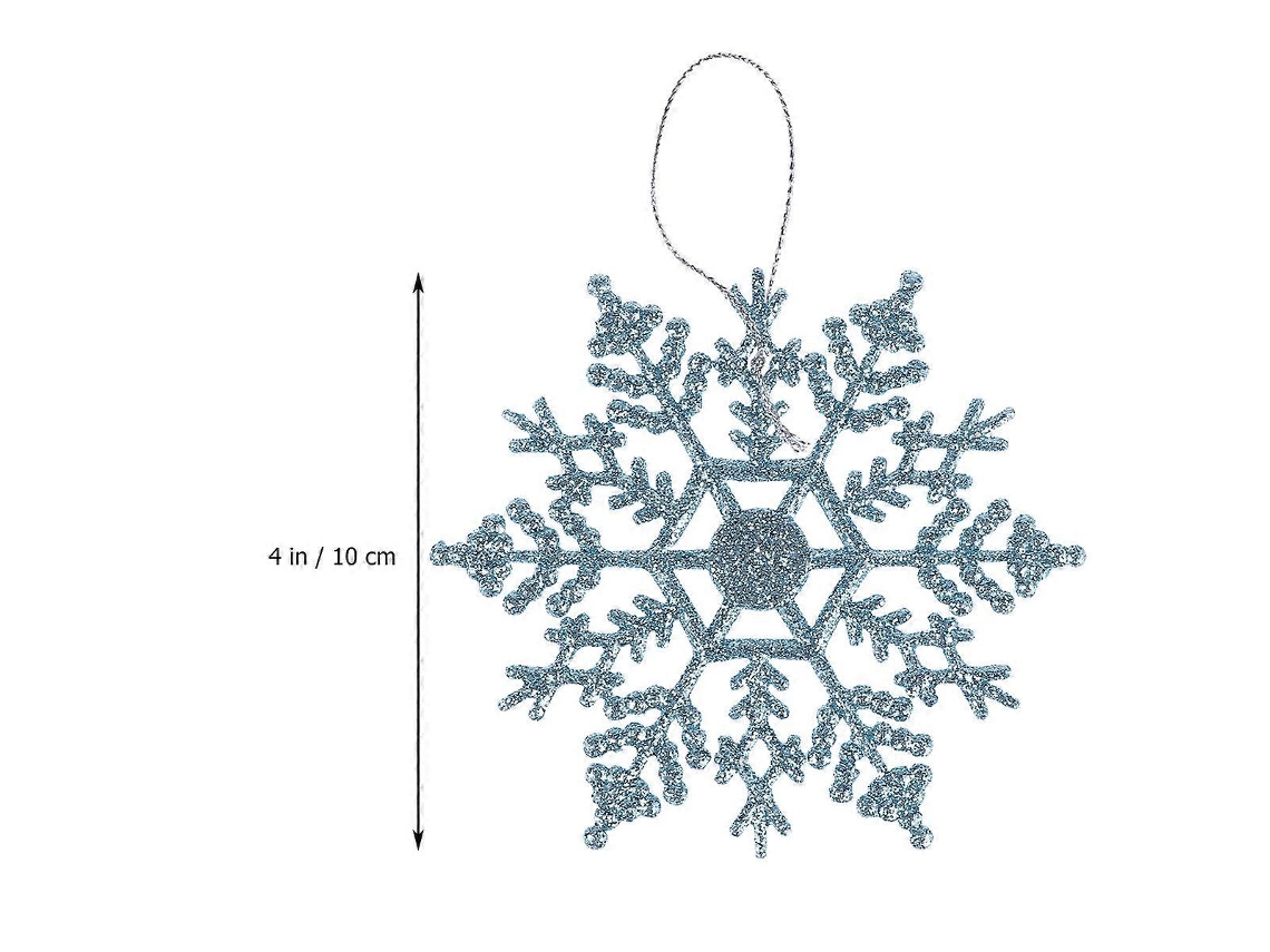 Conjunto de 12 enfeites de Natal em forma de flocos de neve azuis, feitos de plástico.