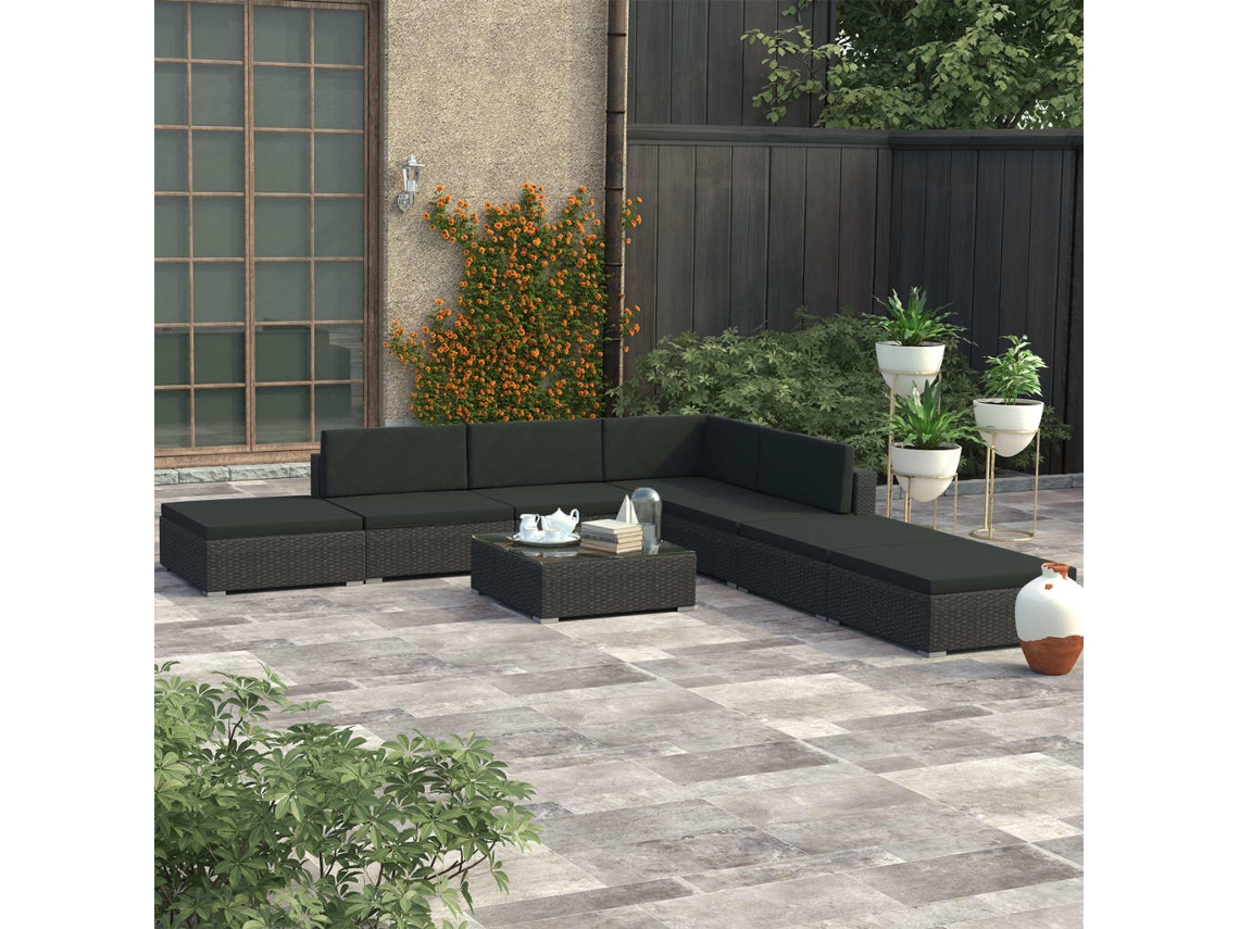 Conjunto Lounge Jardim 8 Peças C/ Almofadões Vime Pe Preto Dkd Home Decor
