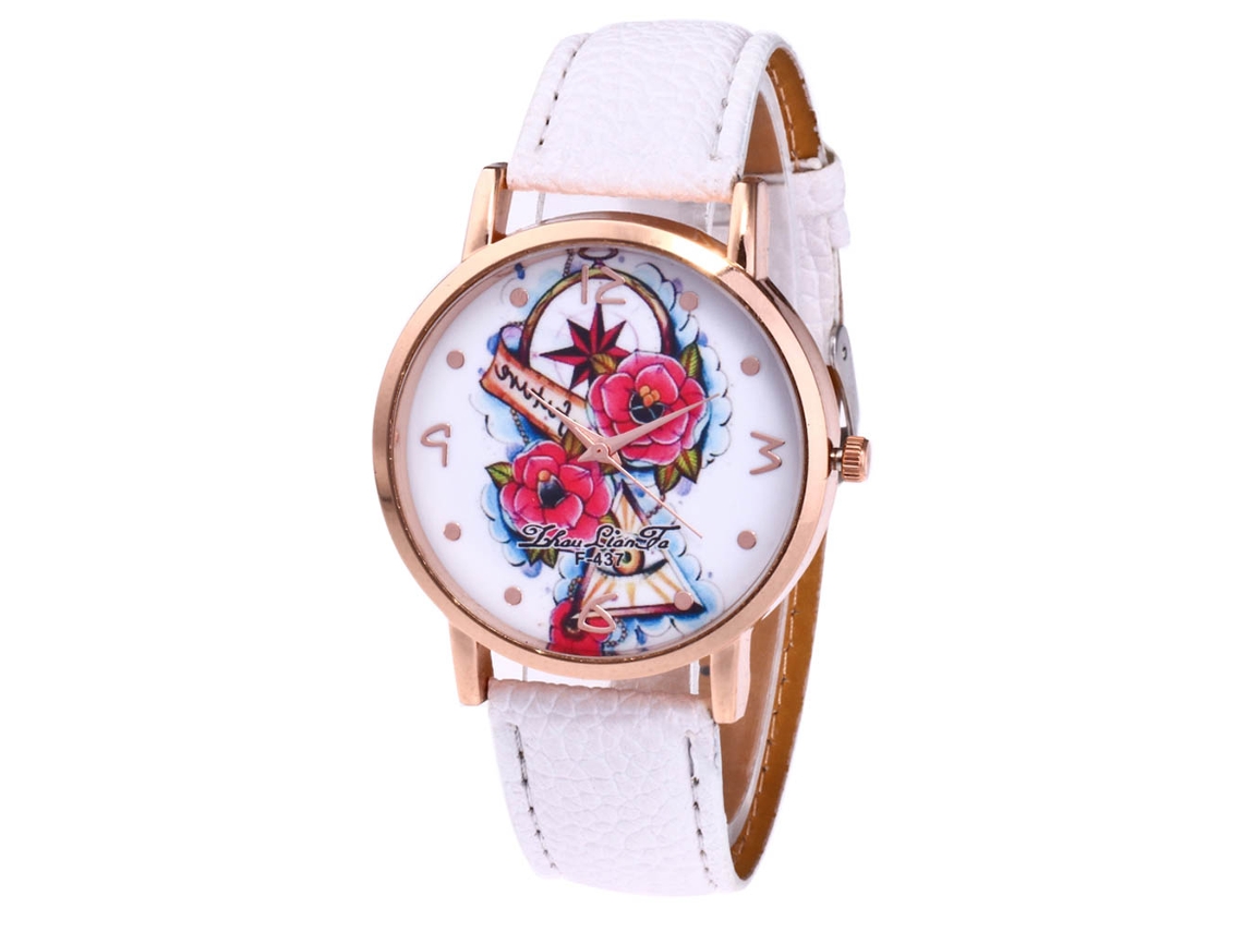 Relógio casual de quartzo para estudantes com pulseira de couro PU, mostrador redondo, branco.