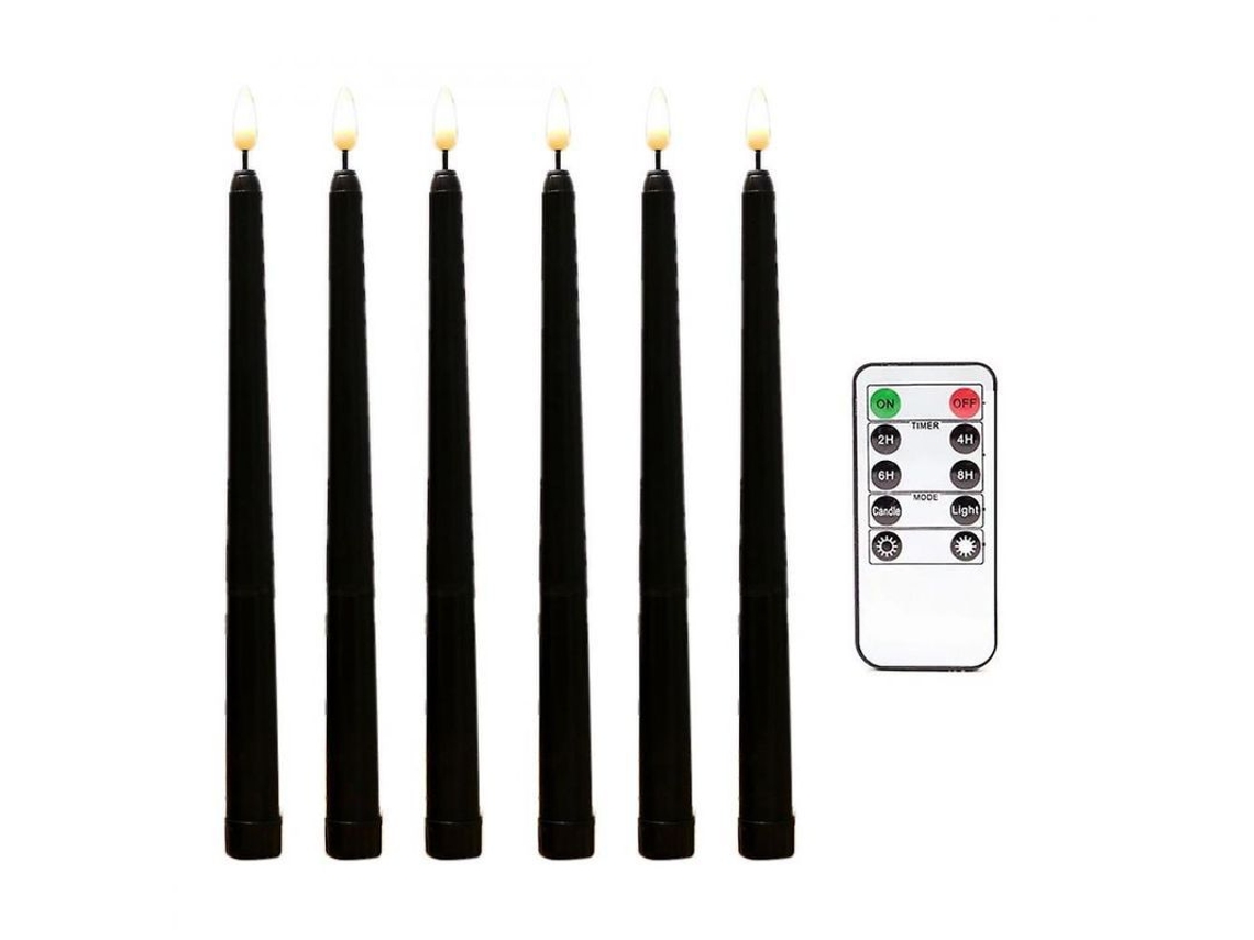 2026 6 Velas Taper Negras Sem Chama com Controle Remoto e Temporizador Led Operadas por Baterias Yxu Negro