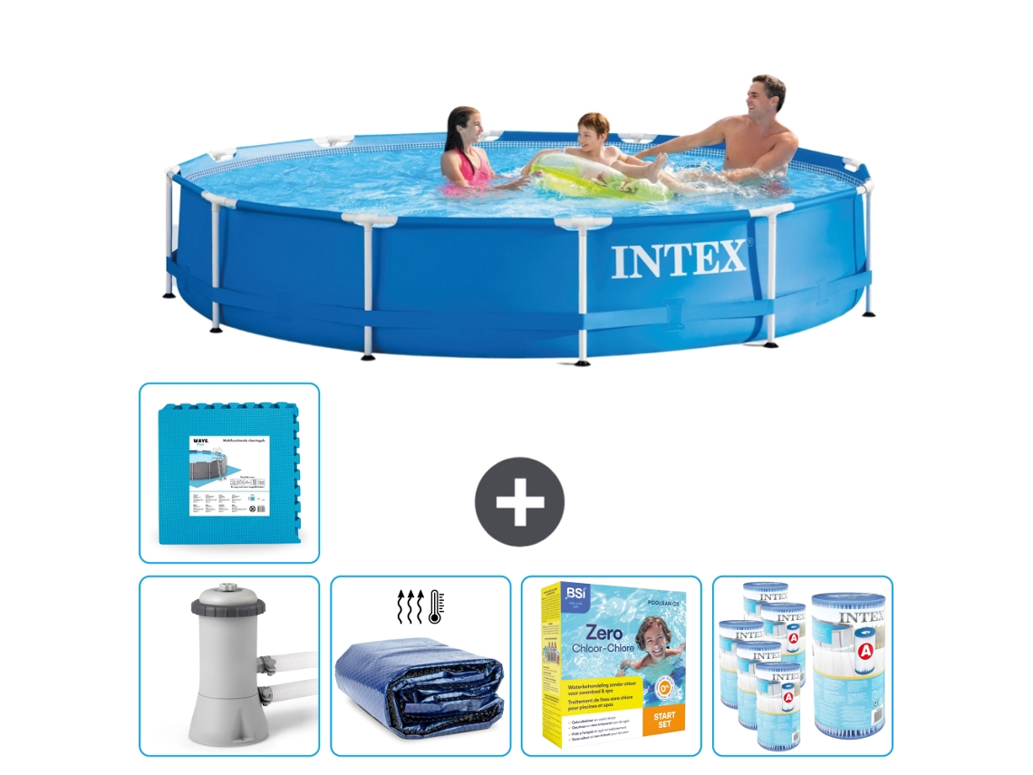 Piscina INTEX com Estrutura Redonda 366 X 76 Cm Azul Inclui Bomba Vela Solar Pacote de Manutenção Filtros Ladrilhos
