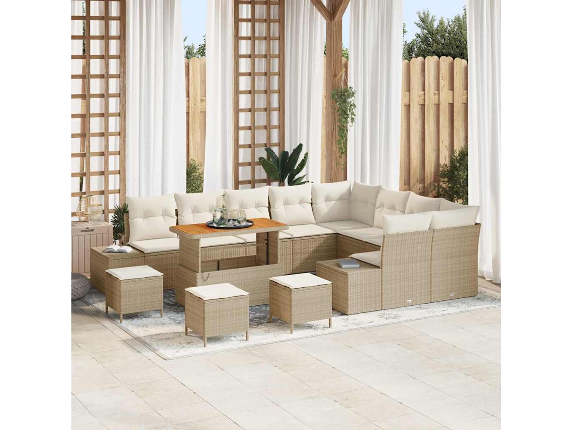 Vidaxl Conjunto De Sofá De Jardim Com Almofada 13 Pcs Bege Vime Pe