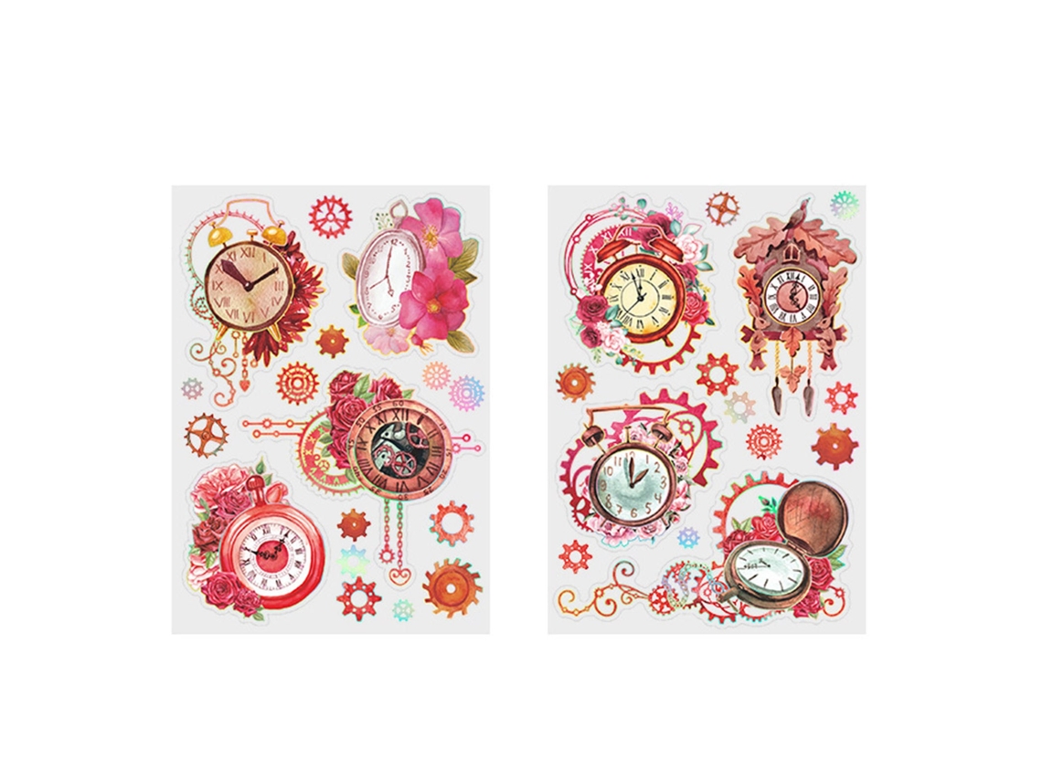 2pcs Adesivos Diy para Handbook com Tema Relógio e Flor: Boa Adesão para Planner, Diário e Álbuns Vermelho